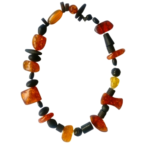 🇨🇦 Artisan genuine amber and wood chunky necklace - Picture 2 of 7